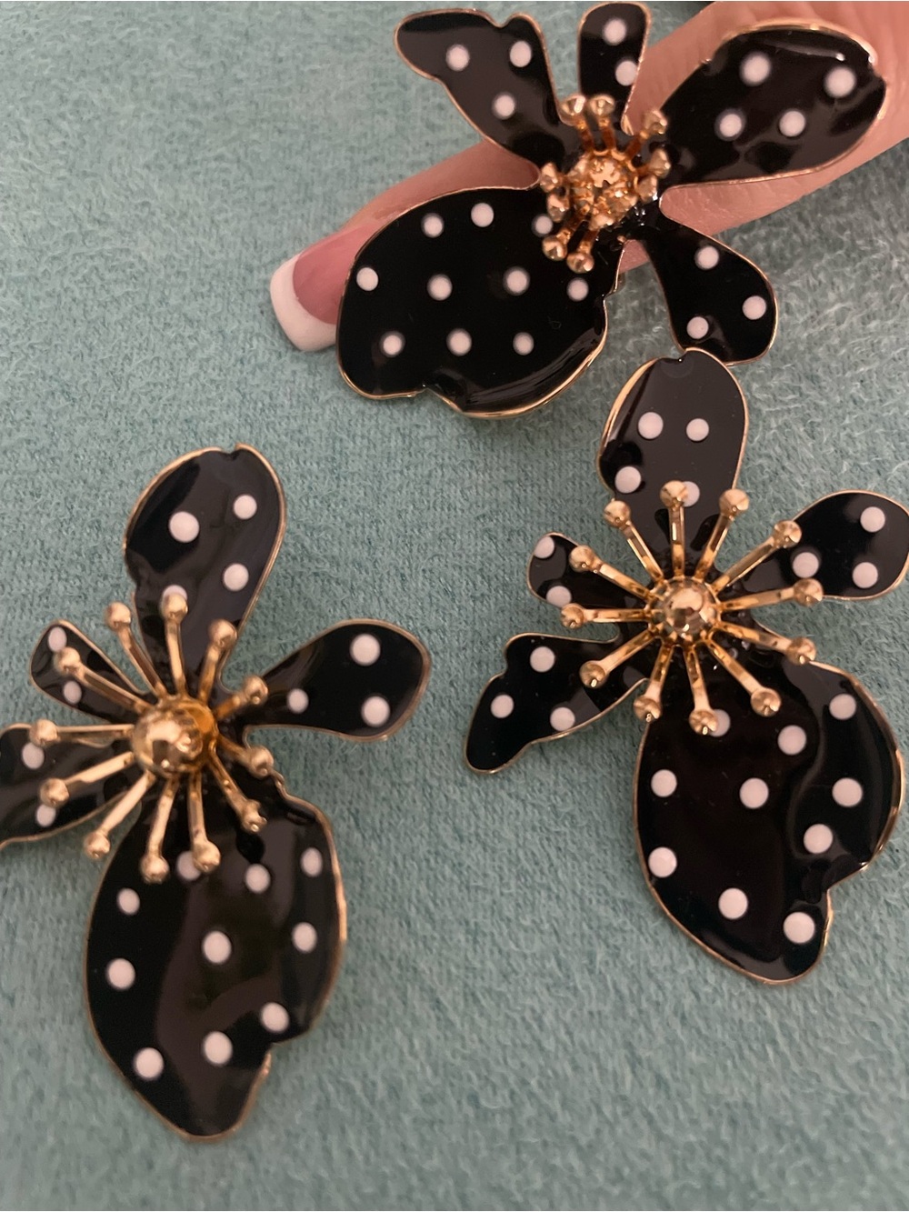 Black Polka Dot Floral Drop Earrings - Gold Accent